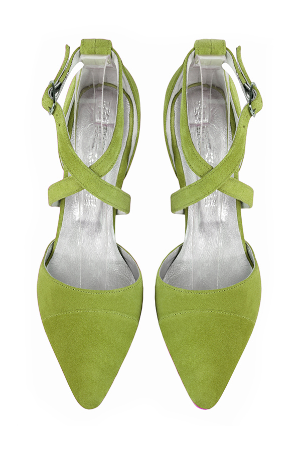 Grass green women's open side shoes, with crossed straps. Tapered toe. High slim heel. Top view - Florence KOOIJMAN